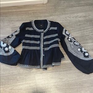 New Navy Embroidered Boho Blouse XS